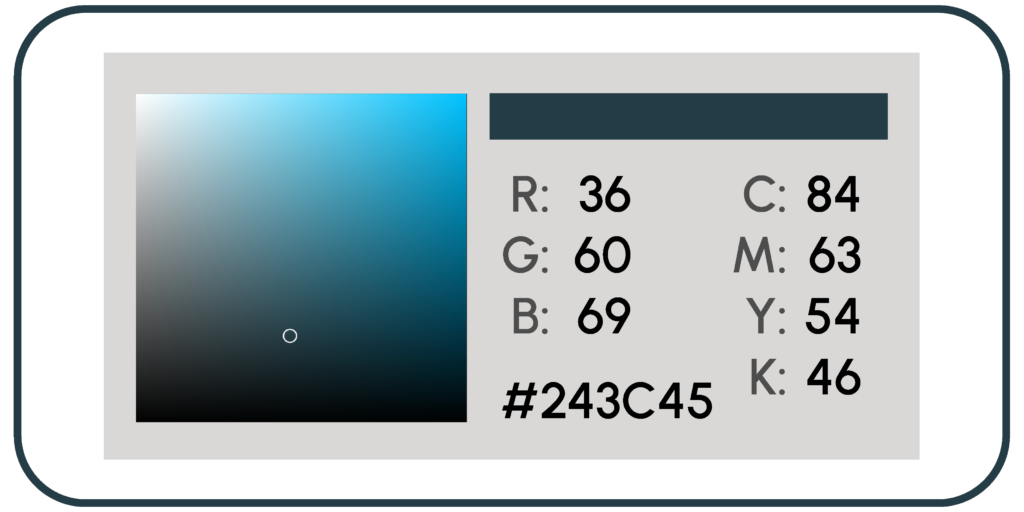 Example of RGB, CMYK and Hex values against a black and blue gradient